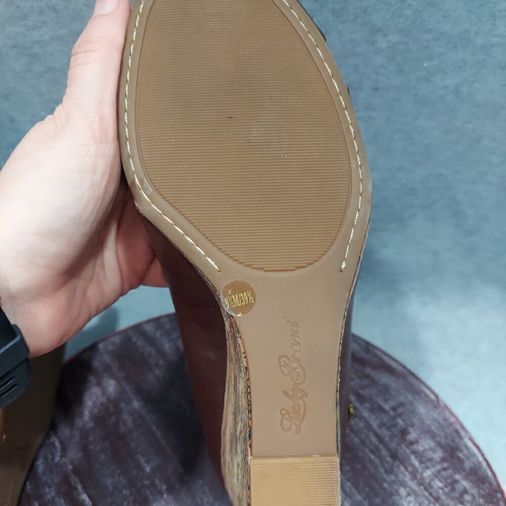 Lucky Brand Tan Cork Wedge Platform Sandals Size 9.5M with paisley print - Picture 14 of 15